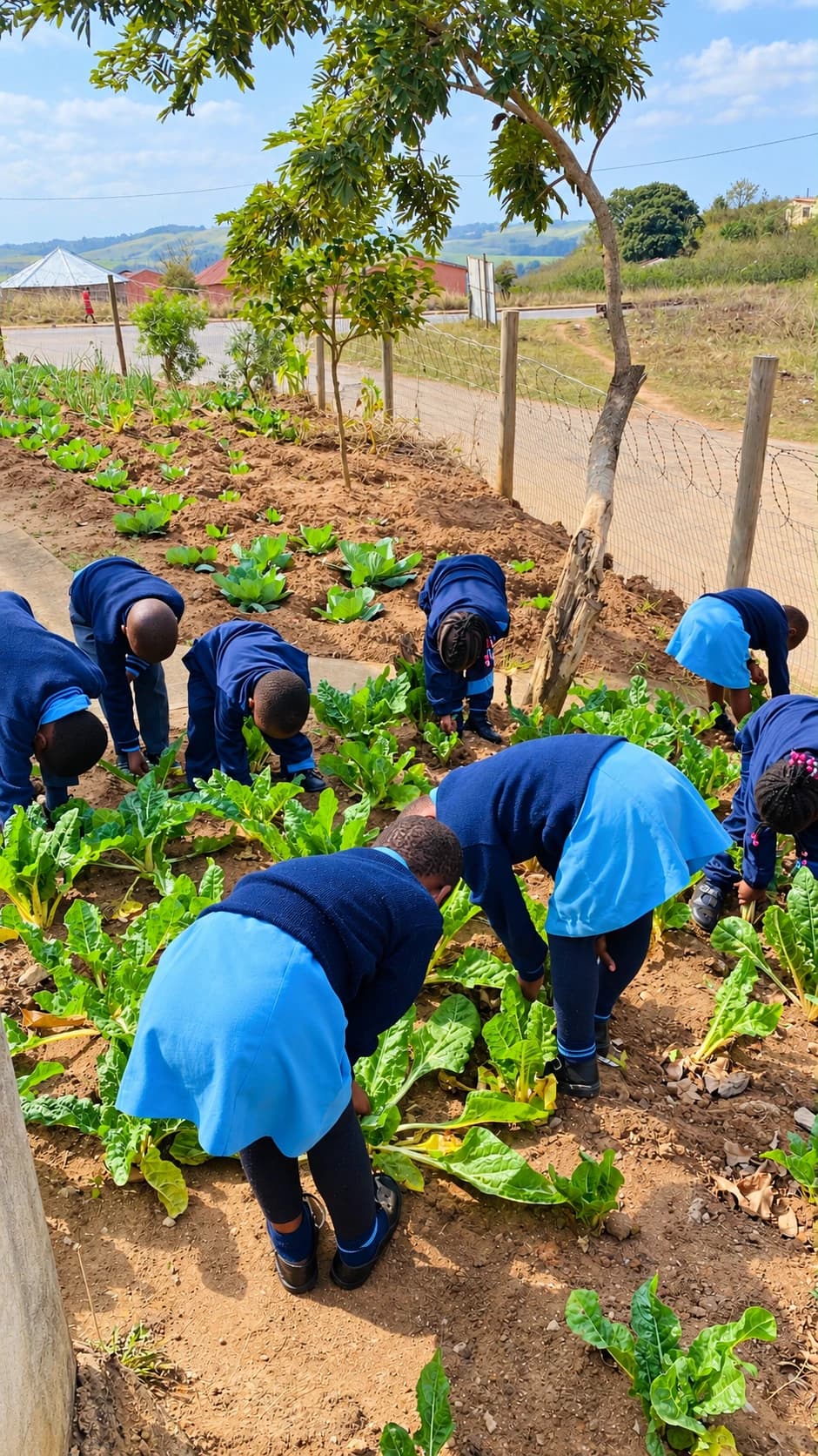 Participants tending a school garden